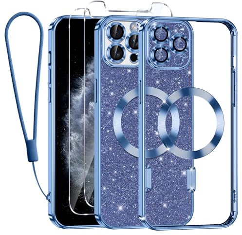 Kokio Handykette für iPhone 11 Pro Hülle mit Band, [Kompatibel mit MagSafe] Glitzer Magnetisch Handyhülle für iPhone 11 Pro mit 2 Stück Schutzfolie Stoßfeste Silikon Schutzhülle, Blau
