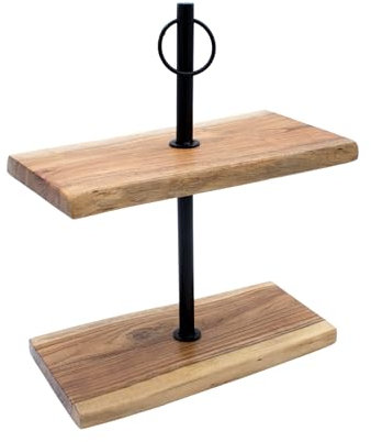 Akazie Massivholz Etagere natur - 42 x 35 cm - Holz Serviertablett mit 2 Etagen - Etagenständer Servierplatte Buffetständer Servierständer Präsentationsständer Deko Ständer für Dessert Obst Gebäck