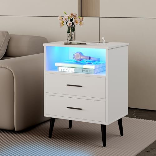 LVSOMT Nachttisch mit Beleuchtung LED, Nachttische mit ladefunktion USB & Type-C, Modern Nachtschrank Holz mit 2 Schubladen für Schlafzimmer, Beistelltisch Sofatisch für Wohnzimmer (Weiß)
