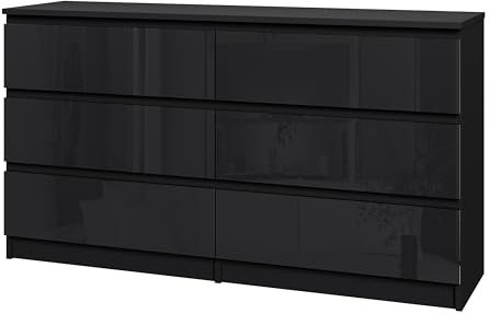 Modern High-Gloss Drawer Panels Chest of Drawers, 3/4/5/6 Drawer Wooden Dresser with Metal Runner Bedside Table No Handle Sleek Design Storage Organizer Unit for Living Room Bedroom (Black, 6 Drawers)