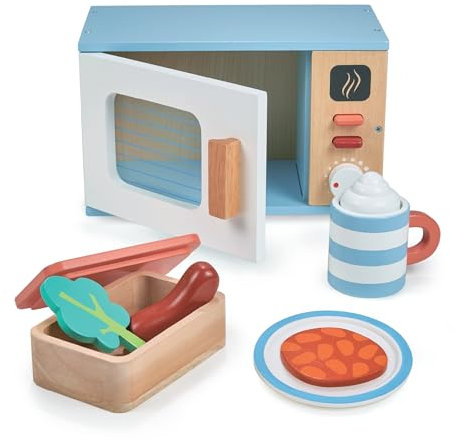 Mentari Microondas de juguete de madera de alta calidad, accesorio de cocina de juguete interactivo con perilla de clic, botones presionables y juego de comida de simulación caprichosa para juego