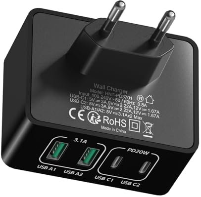 40W Flaches USB-C-Ladegerät, Schlankes 4-Port-Schnellladegerät USB schnellladegerät mehrfach Kompatibel mit Mobiltelefon, Samsung, Pixel, Tabletten, USB c auf USB a Adapter (Weiß)