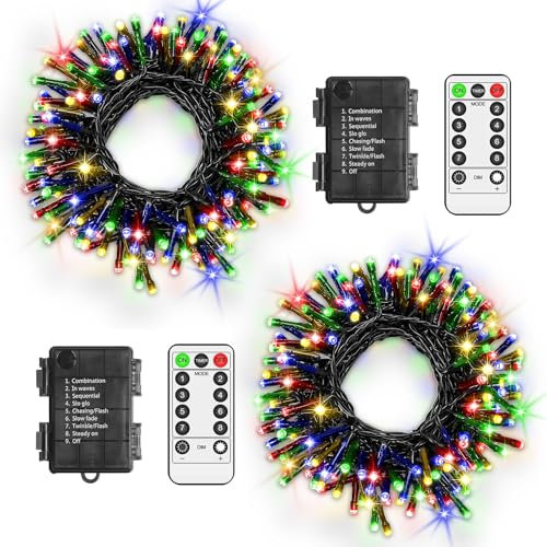 LYNNON 2 Stück 100 LED Lichterkette Außen Batterie Bunt Lichterkette Outdoor Wasserdicht 8 Modi mit Fernbedienung und Timer, für Innen Party Hochzeit Ostern Garten Balkon Weihnachtsbaum deko