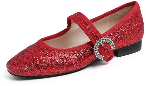 Feversole Women's Mary Jane Fashion Square Toe Easy Buckle Low Heel Slip On Flats Red Glitter Size 5 UK