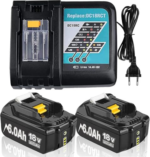 Lot de 2 Batteries de Rechange 18 V 6,0 Ah / 6000 mAh pour Makita + Chargeur 3 A DC18RCT DC18RA BL1860B BL1860 BL1850B BL1850 BL1840 BL1840B BL1830B BL1860B BL1830 BL1820 BL1820 BL1110 BL1820 BL1110