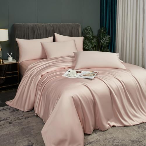 Luofanfei Parure de lit 220x240 Rose Adulte 2 Personnes Unie Bambou Polyester Housse de Couette 240 x 220 Lisse Soyeux Ensemble Literie avec Fermeture éclair et 2X 65x65cm Taies d'oreiller