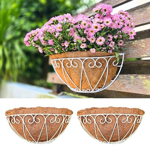 LaLaGreen Outdoor Wall Planters (2 Pack, 12 Inch) White Metal Wall Mounted Hanging Basket with Coco Liner, Flower Pot Plant Holder Semi-Circle Planter for Fence Railing Deck Porch Balcony Garden Decor