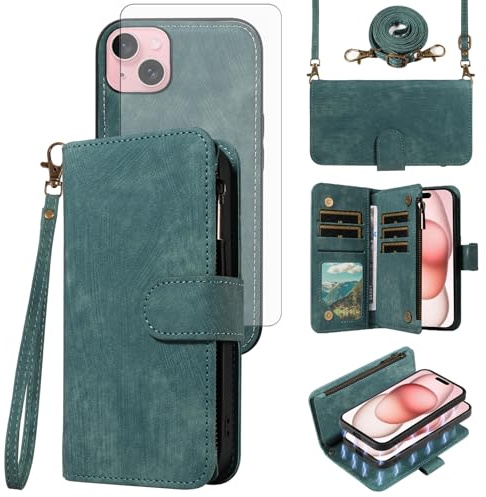 Phone Case for iPhone 15 6.1 inch Zipper Wallet Detachable Magnetic Cover with Tempered Glass Screen Protector Crossbody Lanyard Strap Flip Card Holder Slot i Phone15 i15 15Case Women Men Blue
