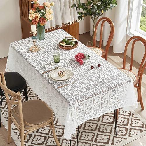 BCughia Tischdecken 90 x 90 cm Weiß, Quadratisch Tischdecke Abwaschbar Waschbar Polyester Spitze Blume Stickerei Tischbedeckung für Küche Esstisch Dekoration
