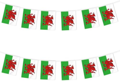 10 Meter walisische Miniatur String Pennant Flagge, 30 PCS Wales Dragon kleine Bunting Banner, 32 FT Dekorationen für Outdoor Indoor House Home Office Meeting Party(Welsh)