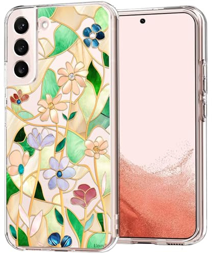 Unov Hülle für Galaxy S22 Kristallklare Handyhülle, Stoßfest Schlanke Dünn Griff, Klar mit Geprägtem Muster, UV-Schutz, Kompatibel mit kabellosem Laden, Weiche TPU, Glasmalerei Blumen