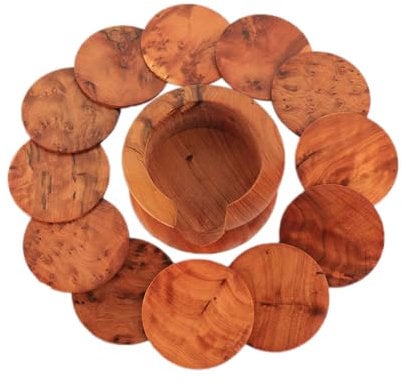 NKlaus Lot de 12 dessous de verre en bois de cèdre - Diamètre : 10 cm - Avec support - Dessous de verre rustique pour verres et tasses - Design rond en bois naturel - Idée cadeau - 16662