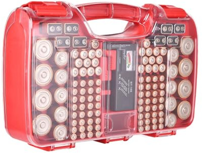 Myutrensty Batteriebox mit Tester, Batterie Aufbewahrungsbox Organizer für 180 Batterien AA, AAA, C, D, 9V, Knopfzelle (Rot)