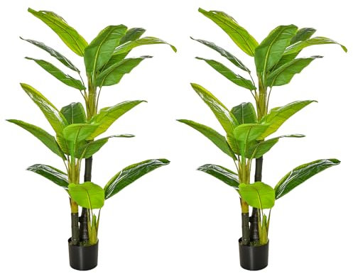 HOMCOM Pack de 2 Bananeras Artificiales 150 cm Plataneras Artificiales con Maceta y 18 Hojas para Decoración de Interior Hogar Salón Oficina Verde