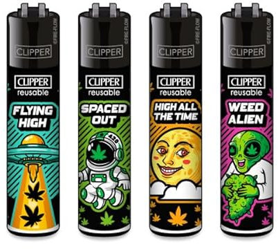Clipper Feuerzeuge 4er Set Nachfüllbar & Wiederverwendbar Buntes Design Perfekt für unterwegs & Zuhause (420 Galaxy)