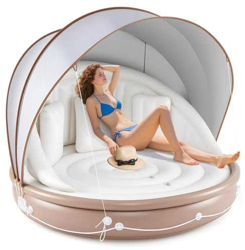 GOPLUS Aufblasbare Badeinsel, Schwimminsel mit einziehbarem & abnehmbarem Sonnendach, Sonnenpool mit 3 bequemen Kissen, Luftmatratze Pool bis 200 kg belastbar für 2 Erwachsene