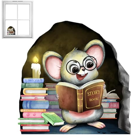 Hole Aufkleber – Tiermotiv Wandsticker für Sockelleiste, Nachtleuchtendes Wandtattoo mit Maus und Buch-Design | Abziehbarer Wandaufkleber für Babyzimmer, Kinder-Schlafzimmer und kreative Wandges