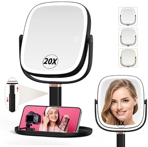 Mocado Kosmetikspiegel mit Beleuchtung, 1X/20X Vergrößerungsspiegel mit Licht, Wiederaufladbar 360 Grad Spiegel mit Höhenverstellung, 3 Farben Beleuchtung & Touchscreen, 21.4cm(Schwarz)