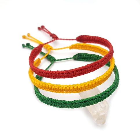 X3 Armbänder in Grün, Gelb & Rot, geflochten, aus Makramee mit gewachstem Garn, handgefertigt in Frankreich, verstellbar, Unisex und wasserbeständig, Breite 6 mm, Farbe Flagge Ghana Bolivien, Ref