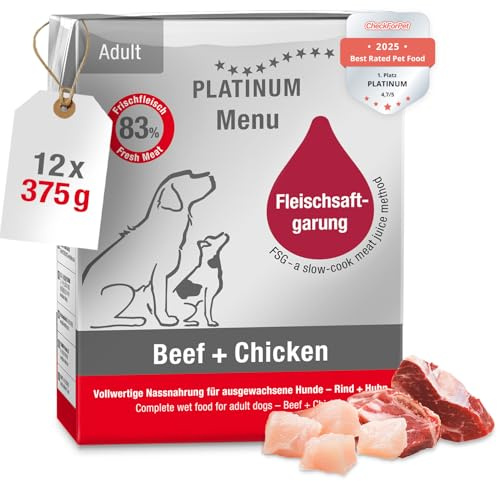 PLATINUM - Nassfutter für Hunde Menu Adult Beef+Chicken aus FSG - 12x 375g | Zubereitet aus Frischfleisch für kleine & große Hunde - glutenfrei - nährstoffreich - leicht verdaulich - in DE geprüft