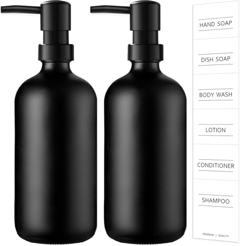 Washing Up Liquid Dispenser,17 fl oz Black Glass Soap Dispensers, Kitchen Soap Dispenser Set, Hand Soap Dispenser With Pump And Label,Modern Bathroom Decor & Accessories(2pcs, Matte Black)