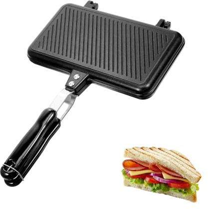 Bcuuozeeing Sandwichera Camping Sartén De Doble Cara Con Mango Resistente Al Calor, Gofrera, Tostadora Plegable Negra Para Desayuno Y Camping