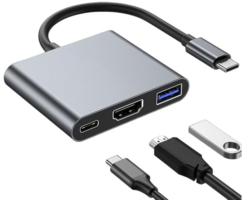 3 in 1 USB C to HDMI Adapter,Digital AV Multiport USB Type C Converter,4K HDMI Converter for Display,Power and Data Transfer,Compatible with Laptops Projectors,with USB 3.0,Charging Port (Grey)