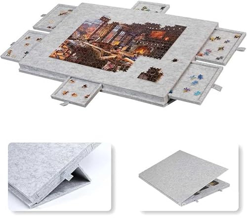 Jigsaw Puzzle Board for 1000 Pieces,Tilting Puzzle Table with 6 Drawers | 2-in-1 Stand Cover,Lightweight Felt Anti-Slip,Portable Jigsaw Board with Storage,for Adults,Grey,30.3x21.1x1.7