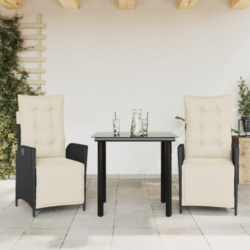Owoxanthellate 3-TLG. Gartenmöbel Set Rattan Sessel mit Verstellbarer Rückenlehne und Glastisch 80 cm Schwarz mit Cremekissen Robustes Poly Rattan für Balkon Terrasse Lounge Outdoor