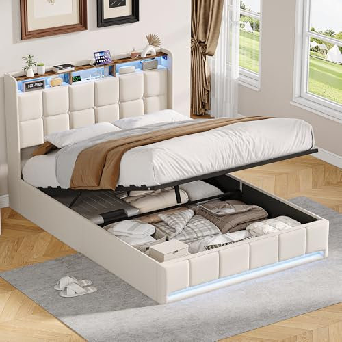 Polsterbett 140x200 cm mit LED-Beleuchtung und USB-Ladefunktion, Modernes 140x200 Doppelbett mit hydraulischem Stauraum, Bettgestell mit Flügel-Kopfteil und Ablage aus Leinen, Beige, Ohne Matratze