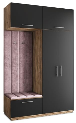 Masseno Flugarderoben Set Rema, Kleiderschrank-Set mit Sitzbank, Garderobenschrank Flur mit 5 Regalböden, Eiche Lefkas/Schwarz