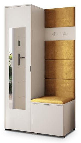 Masseno Flugarderoben Set VIRA, Kleiderschrank-Set mit Spiegel und Sitzbank, Garderobenschrank Flur mit 3 Regalböden, Kaschmir