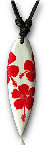 viva-adorno Halskette Surfbrett Holzanhänger Baumwollband Surfer Kette Länge verstellbar HK30, D2 Hibiskus Rot