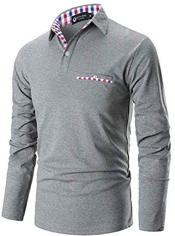 STTLZMC Mens Long Sleeve Polo Shirts Plaid Collar Basic Casual T-Shirt #11 Grey XL
