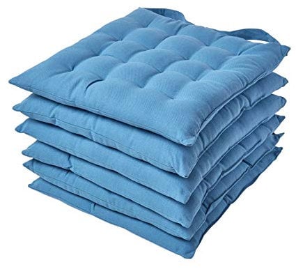 HOMESCAPES Air Force Blue Seat Pads for Dining Chair, Set of 6 100% Cotton Chair Pads with Straps, 40x40 cm