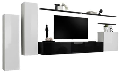 Ensemble Meubles Salon Switch I – Blanc et Noir Brillant – Meuble TV et rangements Suspendus Modernes
