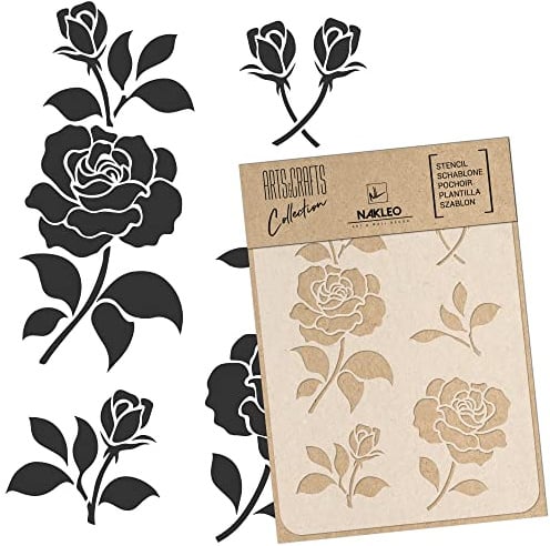 NAKLEO Malschablone für Handwerk A5 15x21cm, Rose Blume Blüte Muster, Wiederverwendbare Kunststoff DIY & Scrapbooking Zeichenschablone, Decoupage Kunst Vorlage, Wand Stoff Möbel Holz