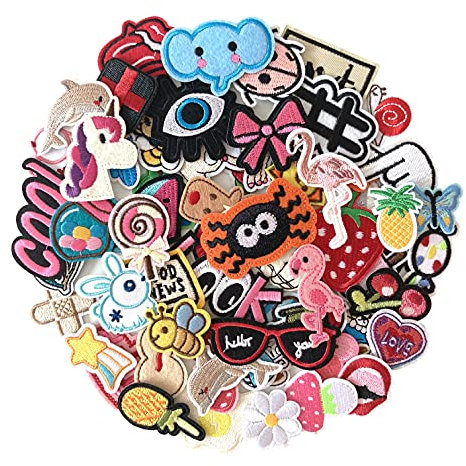 J.CARP 70Pcs Random Assorted Embroidered Iron on Patches, Cute Sewing Applique for Jackets, Hats, Backpacks, Jeans, DIY Accessories