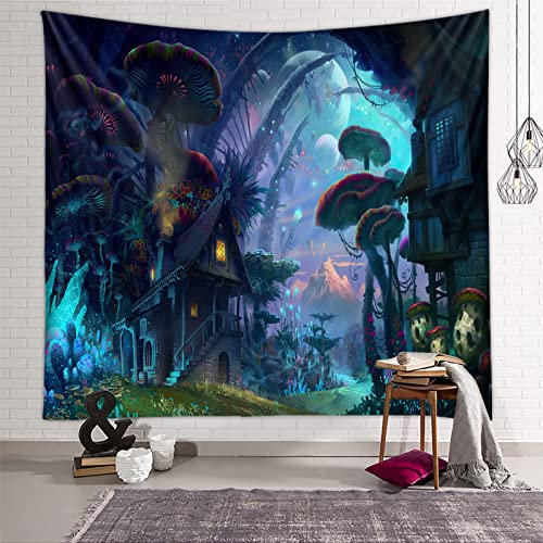 Zodight Wandteppich Psychedelic, Wandbehang Wandtuch Traumwaldhaus Tapestry Wall Hanging, Wandteppich Wald Multicolored Wanddeko für Schlafzimmer Wohnzimmer Wohnheim