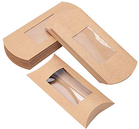 BENECREAT 30PCS 16x7.8x2.5cm Braune Kraftpapier Kissenschachteln mit klarem Fenster, packungsschachtel für Babyparty, Geburtstag und Hochzeitsfeier