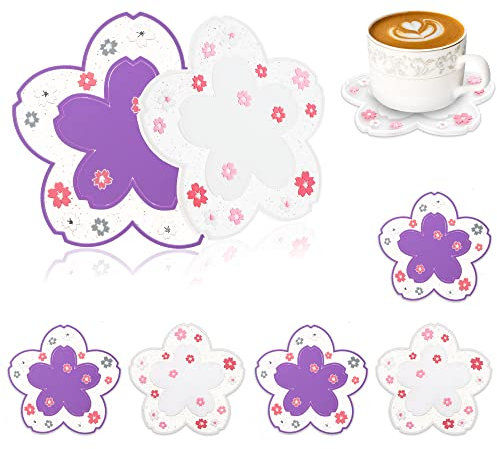 Conisy Untersetzer Gläser, 6er Set Glasuntersetzer Silikon für Getränke, Tassen, Bar, Glas - Tischuntersetzer (Sakura Weiß & Sakura Lila)