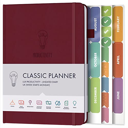 CRIMSON RED CLASSIC LUX PRODUCTIVITY PLANNER – Undatierter Terminplaner – 2021 Zielplaner & persönliches Tagebuch mit einem Tagesplan für Achtsamkeit, Dankbarkeit & Reflexion., purpurrot