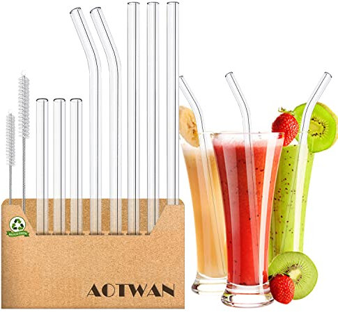 AOTWAN Glas Strohhalme Wiederverwendbar 10 Stück Glasstrohhalme, 3 Kurz + 3 Lange Geraden Glas-Strohhalme, 2 gebogenem Glas Trinkhalme mit 2 Reinigungsbürsten für Cocktails, Smoothie, Säfte
