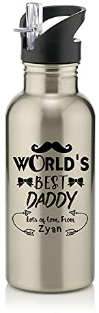 Personalised World's Best Daddy Fathers Day Moustache/Bow Love ANY NAME Funny Gift for Dad Birthday Stainless Steel 600ml Water Bottle with Straw. (Natural Silver)