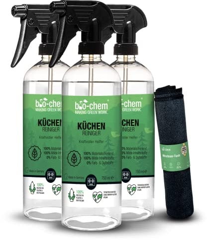 bio-chem Küchenreiniger - Sparpack 2,25 L: 3x 750 ml Handsprayflasche + Mikrofasertuch - Kraftreiniger Fettlöser Ceranfeldreiniger Edelstahlreiniger für Ceranfeld, Induktionskochfeld, Küchenarmatur