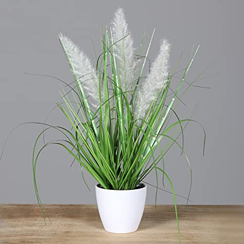 mucplants Palmengras-Busch im weißen Topf, ca. 38cm, Kunstgras Grasarrangement Kunstpflanze Dekopflanze Ziergras