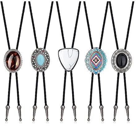 Milacolato 5 Pcs Bolo Tie für Männer Western Cowboy Vintage Bolotie Krawatte Herren Handgemachtes Leder Runde Form Schwarz Vintage Türkis Anhänger Bolo Ties