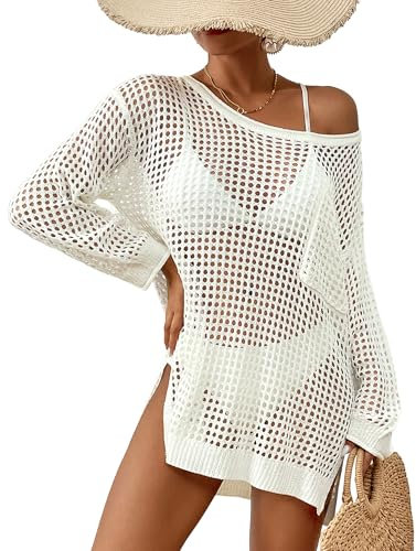 Bsubseach Crochet Cover Up für Bademode Damen Pool Badeanzug Coverup Langarm Strand Strick Tops Weiß