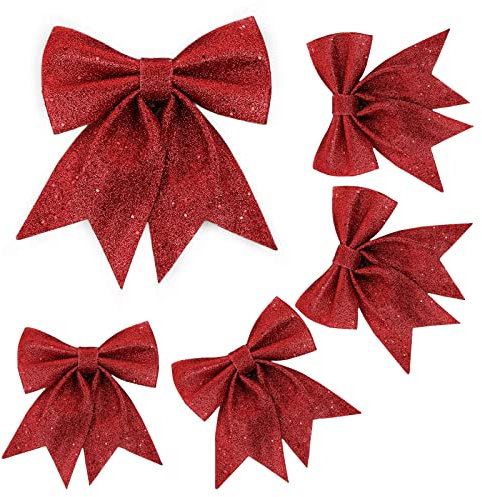JSRHEEM 5 Stücke Weihnachtsbaum Schleifen, Rot Weihnachtsbaum Dekoration, Glitzer Schleifen Weihnachtsdeko, Weihnachtsbaumschmuck Schleifen für Weinachten, Geburtstag