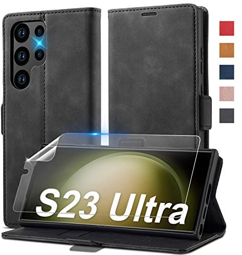 Handyhülle für Samsung Galaxy S23 Ultra Hülle Leder [Mit S23 Ultra Schutzfolie] für Samsung S23 Ultra 5G Hülle Klappbar Leder Flip Wallet, Stoßfeste Case Klapphülle für Samsung S23 Ultra 5G
